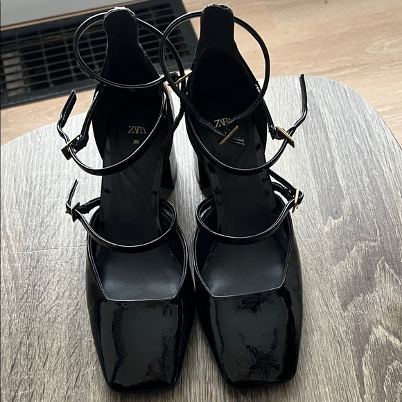Zara Shoes - Zara Glossy Black Patent Strappy Heels — Square Toe, Ankle Tie, Size 6